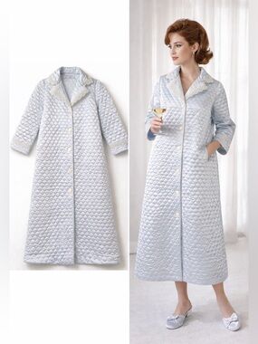 Vintage Dior Junior Quilted Satin Lace Trim Robe Coat Light Blue Hostess 1960s